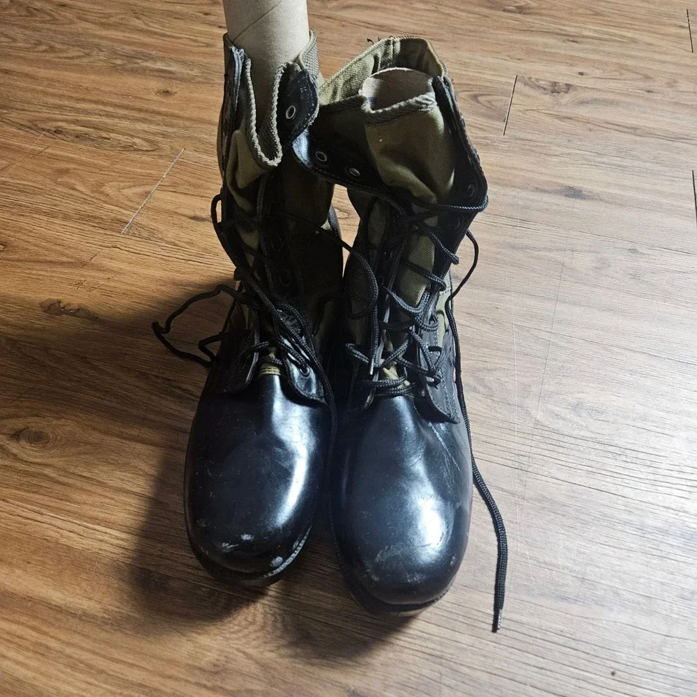Vintage US Military Jungle Boots Black Leather Olive Canvas Panama Sole 13R